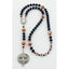 Boy’s dark blue and red baptism rosary with baseballs and a name in beads.