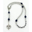 Personalized grey and dark blue boy’s baptism rosary with a name in beads.