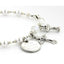 White pearl and crystal rosary bracelet with an engraved disc, cross and chalice charms.