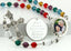 Multiple color birthstone custom rosary with photo centerpiece and engraved disc.