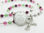 Multiple color birthstone personalized rosary with engraved disc and name in beads.