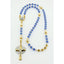 Personalized gold quinceañera rosary with sapphire blue crystals and a name in beads.