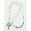 Personalized girl’s pink quinceañera rosary with green crystals and a name in beads.
