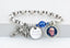 White pearl and crystal memorial rosary bracelet with photo charm and engraved disc.