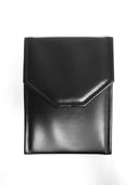 Closed black leather rosary box. 