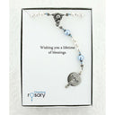 White pearl and blue crystal boy’s baptism rosary in Charming Rosary gift box with card message.