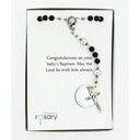 Black and grey boy’s baptism rosary in Charming Rosary gift box with card message.