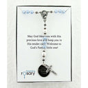 Light blue and white boy’s baptism rosary in Charming Rosary gift box with card message.