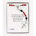 Red and black boy’s baptism rosary in Charming Rosary gift box with card message.