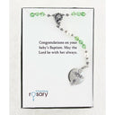 Green crystal girl’s baptism rosary with white pearls in Charming Rosary gift box with card message.