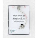 Girl’s pink baptism rosary with crystal lined pearls in Charming Rosary gift box with card message.