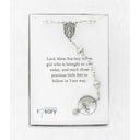 Girl’s white baptism rosary with crystal lined pearls in Charming Rosary gift box with card message.