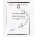 Lavender fancy girl’s baptism rosary in Charming Rosary gift box with card message.