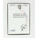 Lavender and pink fancy girl’s baptism rosary in Charming Rosary gift box with card message.