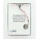 Pink pearl and crystal girl’s baptism rosary in Charming Rosary gift box with card message.