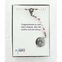White pearl and pink crystal girl's baptism rosary in Charming Rosary gift box with card message.