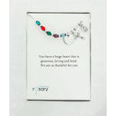 Multiple color birthstone rosary bracelet with an engraved disc in Charming Rosary gift box with card message.
