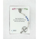 Custom rosary with multiple color birthstones and pearl. In Charming Rosary gift box with card message.