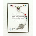 Multiple color birthstone custom rosary with photo centerpiece. In Charming Rosary gift box with card message.