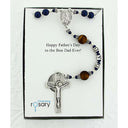 Men's rosary with dark blue and brown pearls and dad in beads. In a Charming Rosary gift box with card message. 