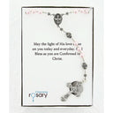 Pink and silver girl’s confirmation rosary in Charming Rosary gift box with card message.