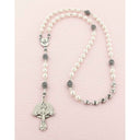 Personalized white and silver girl’s confirmation rosary with a name in beads.