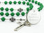 Custom green and silver confirmation rosary, with an engraved disc for a boy’s confirmation gift.