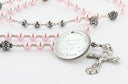 Custom pink and silver confirmation rosary, with an engraved disc, and a name in beads.