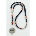 Boy’s dark blue and red baptism rosary with baseballs and a name in beads.