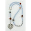 Boy’s light blue baptism rosary with multiple sport beads and a name in beads.