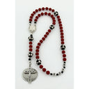 Boy’s red baptism rosary with soccer beads and a name in beads.
