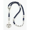 Personalized dark blue and grey boy’s baptism rosary with a name in beads.
