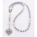 Lavender and pink fancy girl’s baptism rosary with a name in beads.