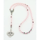 Personalized pink pearl and crystal girl’s baptism rosary with a name in beads.
