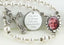 White memorial rosary beads with photo centerpiece and engraved disc.