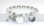 White pearl memorial rosary bracelet with photo charm and engraved disc. 