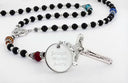 Black pearl and multicolored birthstone men's rosary with an engraved disc. 