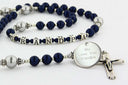 Custom men's rosary with dark blue and grey pearls, name in beads and an engraved disc. 