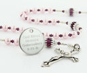 Custom pink and purple Quinceañera rosary, with an engraved disc for a girl's Quinceañera gift.