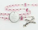 Custom pink quinceanera rosary, with an engraved disc for a girl's quinceanera gift.