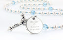Wedding rosary with white pearls, light blue crystals and an engraved disc. 