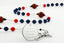Custom Detroit basketball rosary with blue, red and white beads and an engraved disc. 