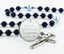 Custom dark blue and light blue first communion rosary, with an engraved disc for a boy’s communion gift.