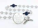 Custom grey and dark blue first communion rosary, with an engraved disc for a boy’s communion gift.
