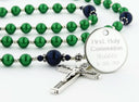 Custom green and dark blue first communion rosary, with an engraved disc for a boy’s communion gift.