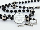 Custom black soccer first communion rosary with an engraved disc.