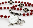 Custom red and black soccer first communion rosary with an engraved disc, and a name in beads.
