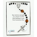 Black first communion rosary with basketballs and an engraved disc. In Charming Rosary gift box with card message.