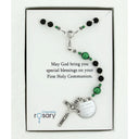 Black and green boy’s first communion rosary with engraved disc in Charming Rosary gift box with card message.