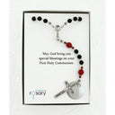 Black and red boy’s first communion rosary with engraved disc in Charming Rosary gift box with card message.